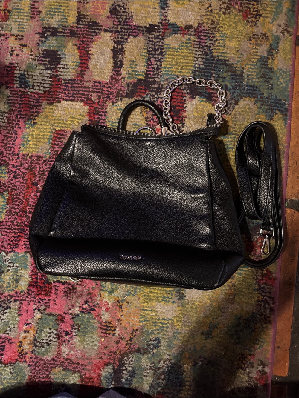 Calvin Klein Black Pebbled Leather Shoulder Bag with Chain Accent